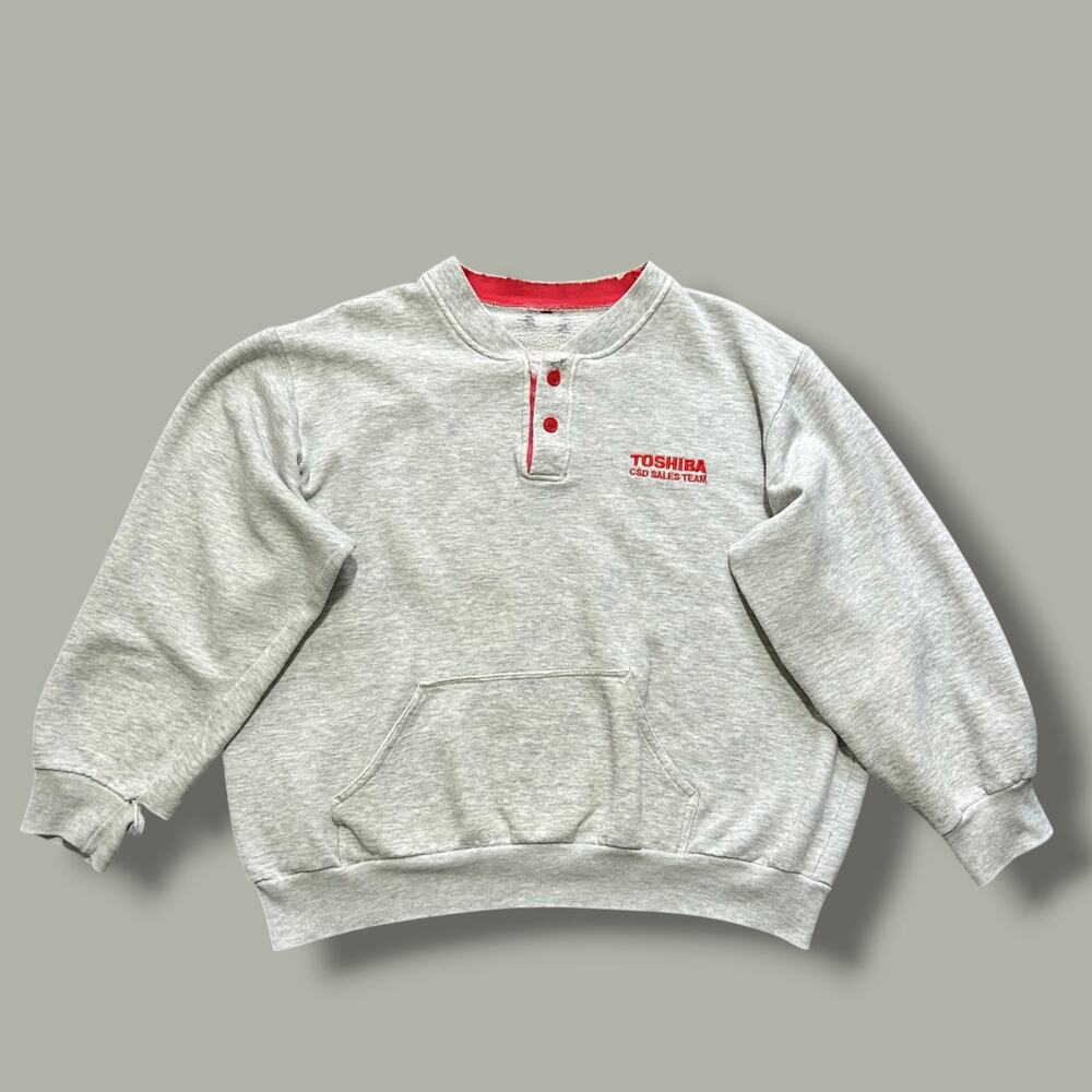 Vintage Thrashed Sweatshirt Henley Pullover Crewneck 80s 90s Faded Gray